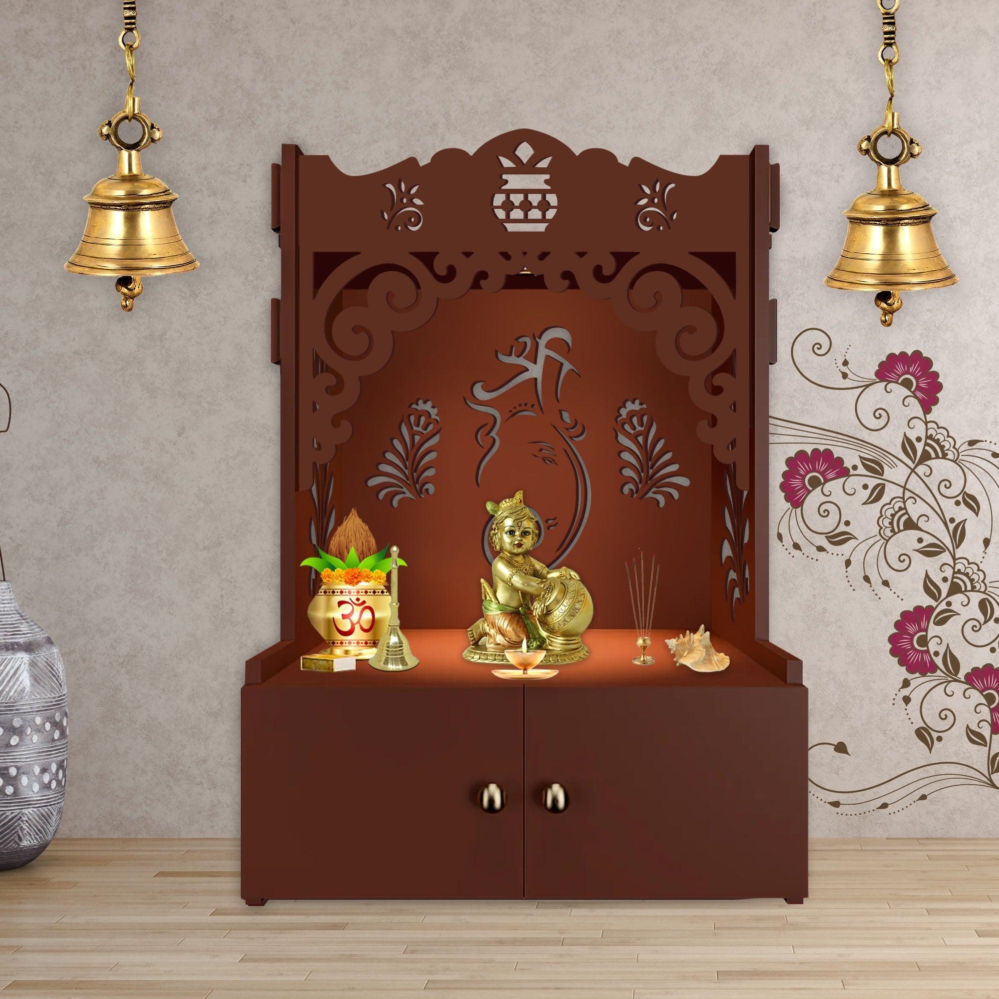 Beautiful Design of Shri Ganesh Floor Temple with Spacious Wooden Shelf & Inbuilt Focus Light - Brown Finish - Decor Smart
