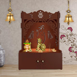 Beautiful Design of Shri Ganesh Floor Temple with Spacious Wooden Shelf & Inbuilt Focus Light - Brown Finish - Decor Smart