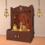 Beautiful Design of Shri Ganesh Floor Temple with Spacious Wooden Shelf & Inbuilt Focus Light - Brown Finish - Decor Smart