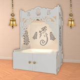 Beautiful Design of Shri Ganesh Floor Temple with Spacious Wooden Shelf & Inbuilt Focus Light - White Finish - Decor Smart