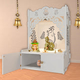 Beautiful Design of Shri Ganesh Floor Temple with Spacious Wooden Shelf & Inbuilt Focus Light - White Finish - Decor Smart