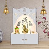 Beautiful Design of Shri Ganesh Floor Temple with Spacious Wooden Shelf & Inbuilt Focus Light - White Finish - Decor Smart