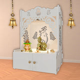 Beautiful Design of Shri Ganesh Floor Temple with Spacious Wooden Shelf & Inbuilt Focus Light - White Finish - Decor Smart