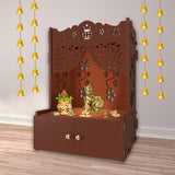 Beautiful Flower Design Pattern Floor Temple with Spacious Wooden Shelf & Inbuilt Focus Light - Brown Finish - Decor Smart