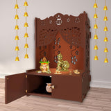 Beautiful Flower Design Pattern Floor Temple with Spacious Wooden Shelf & Inbuilt Focus Light - Brown Finish - Decor Smart