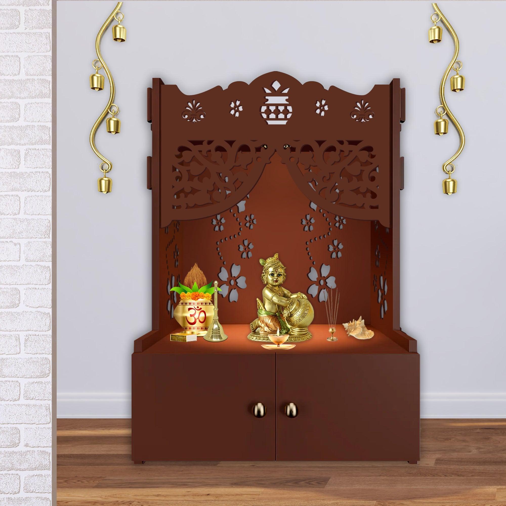 Beautiful Flower Design Pattern Floor Temple with Spacious Wooden Shelf & Inbuilt Focus Light - Brown Finish - Decor Smart