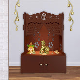 Beautiful Flower Design Pattern Floor Temple with Spacious Wooden Shelf & Inbuilt Focus Light - Brown Finish - Decor Smart