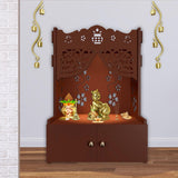 Beautiful Flower Design Pattern Floor Temple with Spacious Wooden Shelf & Inbuilt Focus Light - Brown Finish - Decor Smart