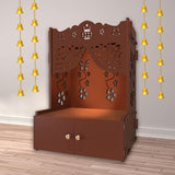 Beautiful Flower Design Pattern Floor Temple with Spacious Wooden Shelf & Inbuilt Focus Light - Brown Finish - Decor Smart