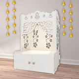 Beautiful Flower Design Pattern Floor Temple with Spacious Wooden Shelf & Inbuilt Focus Light - White Finish - Decor Smart