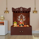 Beautiful Lotus Pattern Floor Temple with Spacious Wooden Shelf & Inbuilt Focus Light - Brown Finish - Decor Smart