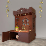 Beautiful Lotus Pattern Floor Temple with Spacious Wooden Shelf & Inbuilt Focus Light - Brown Finish - Decor Smart