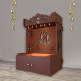 Beautiful Lotus Pattern Floor Temple with Spacious Wooden Shelf & Inbuilt Focus Light - Brown Finish - Decor Smart