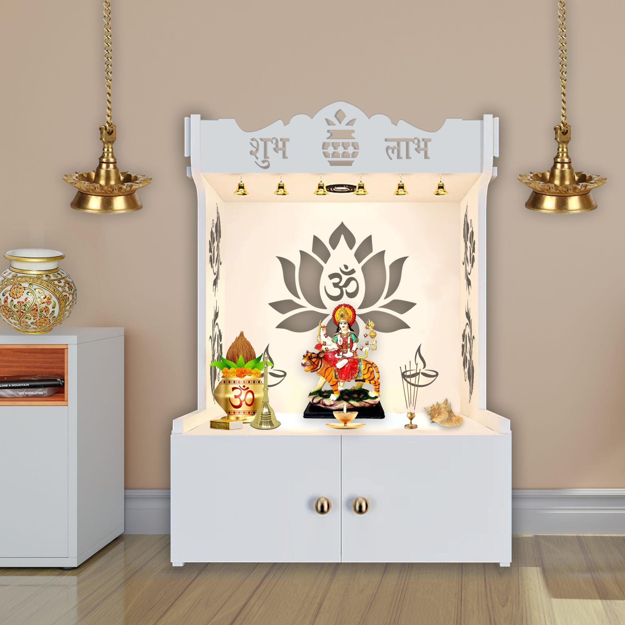 Beautiful Lotus Pattern Floor Temple with Spacious Wooden Shelf & Inbuilt Focus Light - White Finish - Decor Smart