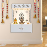 Beautiful Lotus Pattern White Wooden Wall Temple for Home With Inbuilt focus Lights & Spacious Shelf - Decor Smart