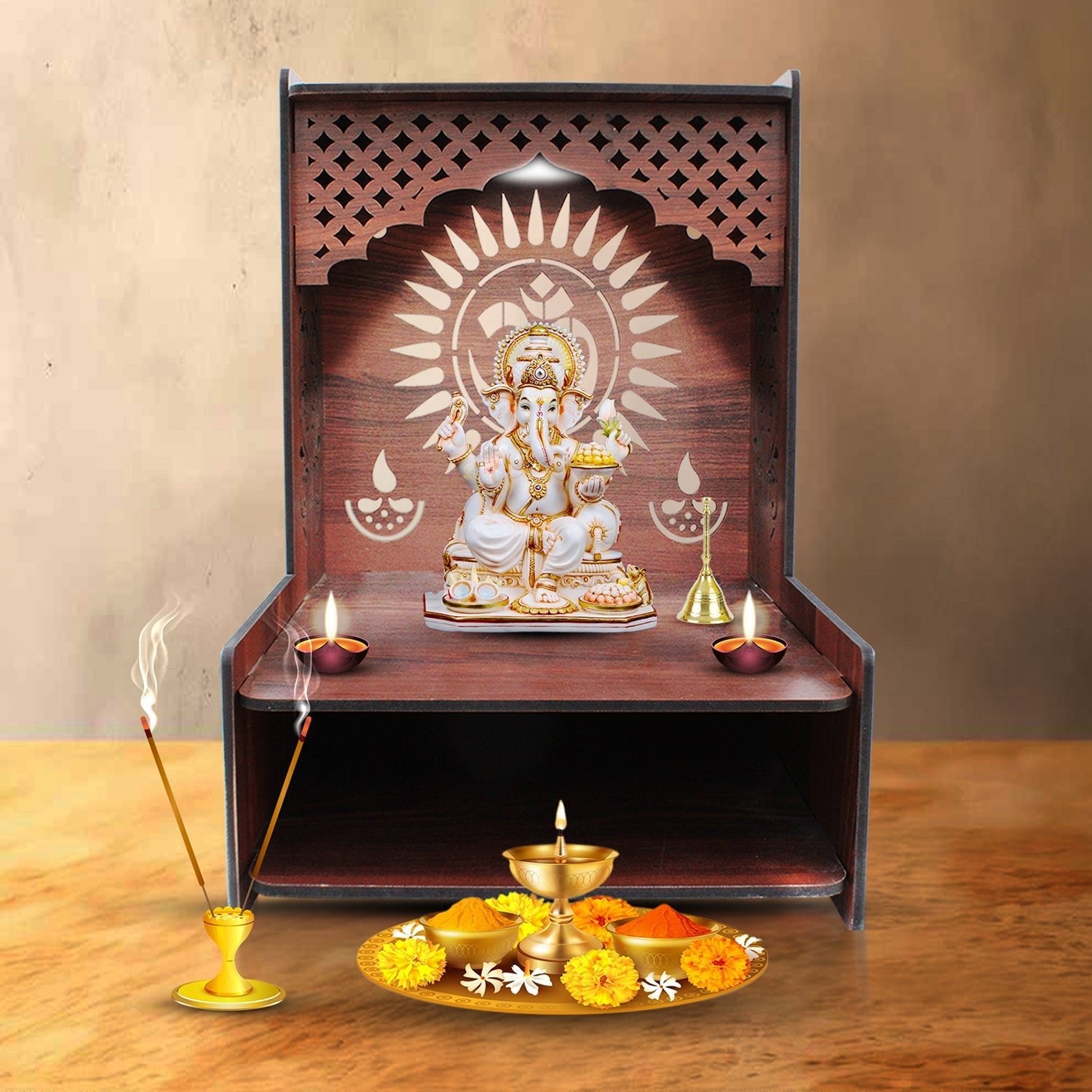 Beautiful Wooden Pooja Stand for Home Pooja Mandir for Wall Mounted with LED Spot Light - Decor Smart