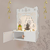 Designer Holy Symbol Om White MDF Wood Temple with Inbuilt Focus Light & Spacious Shelf - Decor Smart