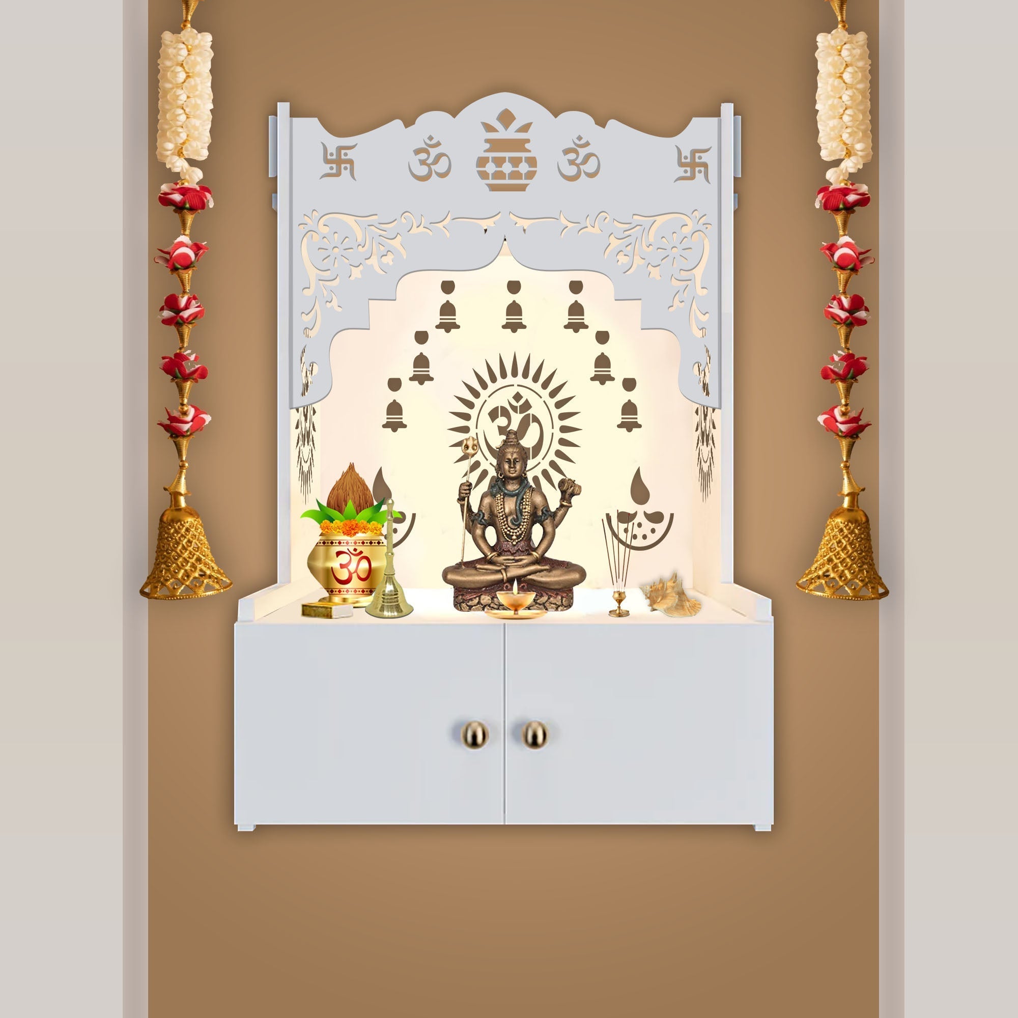 Designer Holy Symbol Om White MDF Wood Temple with Inbuilt Focus Light & Spacious Shelf - Decor Smart