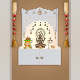Designer Holy Symbol Om White MDF Wood Temple with Inbuilt Focus Light & Spacious Shelf - Decor Smart