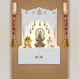 Designer Holy Symbol Om White MDF Wood Temple with Inbuilt Focus Light & Spacious Shelf - Decor Smart