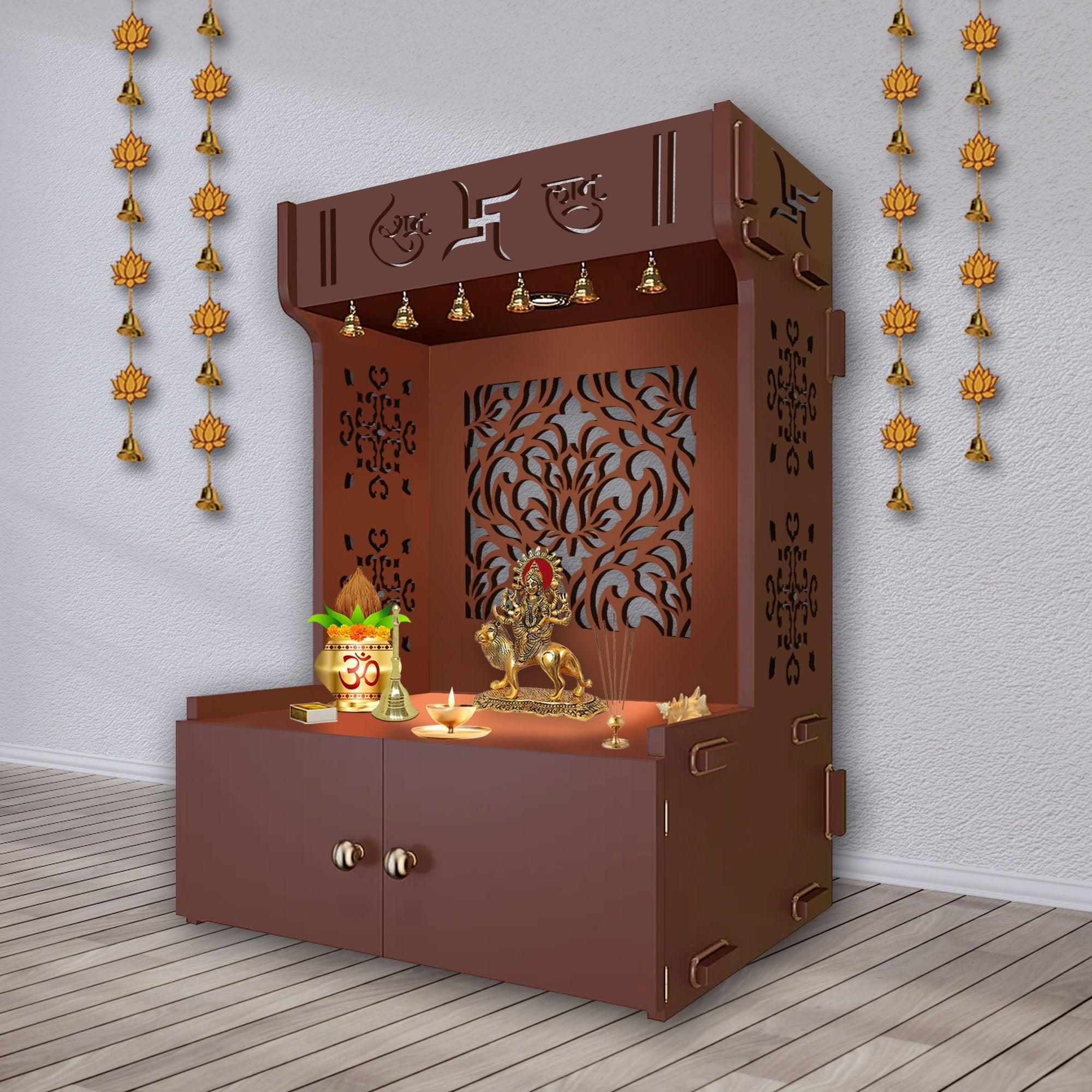 Designer Intricate Jali Design Pattern Floor Temple with Spacious Wooden Shelf & Inbuilt Focus Light - Brown Finish - Decor Smart