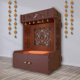 Designer Intricate Jali Design Pattern Floor Temple with Spacious Wooden Shelf & Inbuilt Focus Light - Brown Finish - Decor Smart