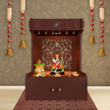 Designer Intricate Jali Design Pattern Floor Temple with Spacious Wooden Shelf & Inbuilt Focus Light - Brown Finish - Decor Smart