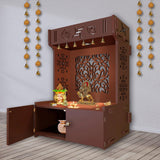 Designer Intricate Jali Design Pattern Floor Temple with Spacious Wooden Shelf & Inbuilt Focus Light - Brown Finish - Decor Smart