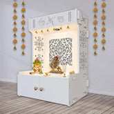 Designer Intricate Jali Design Pattern Floor Temple with Spacious Wooden Shelf & Inbuilt Focus Light - White Finish - Decor Smart