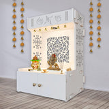 Designer Intricate Jali Design Pattern Floor Temple with Spacious Wooden Shelf & Inbuilt Focus Light - White Finish - Decor Smart