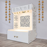 Designer Intricate Jali Design Pattern Floor Temple with Spacious Wooden Shelf & Inbuilt Focus Light - White Finish - Decor Smart