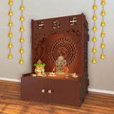 Designer Om Chakra Floor Temple with Spacious Wooden Shelf & Inbuilt Focus Light - Brown Finish - Decor Smart