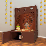 Designer Om Chakra Floor Temple with Spacious Wooden Shelf & Inbuilt Focus Light - Brown Finish - Decor Smart