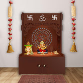Designer Om Chakra Floor Temple with Spacious Wooden Shelf & Inbuilt Focus Light - Brown Finish - Decor Smart