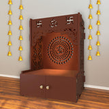 Designer Om Chakra Floor Temple with Spacious Wooden Shelf & Inbuilt Focus Light - Brown Finish - Decor Smart