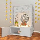 Designer Om Chakra Floor Temple with Spacious Wooden Shelf & Inbuilt Focus Light - White Finish - Decor Smart