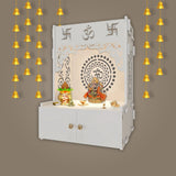 Designer Om Chakra White MDF Wood Temple with Inbuilt Focus Light & Spacious Shelf - Decor Smart