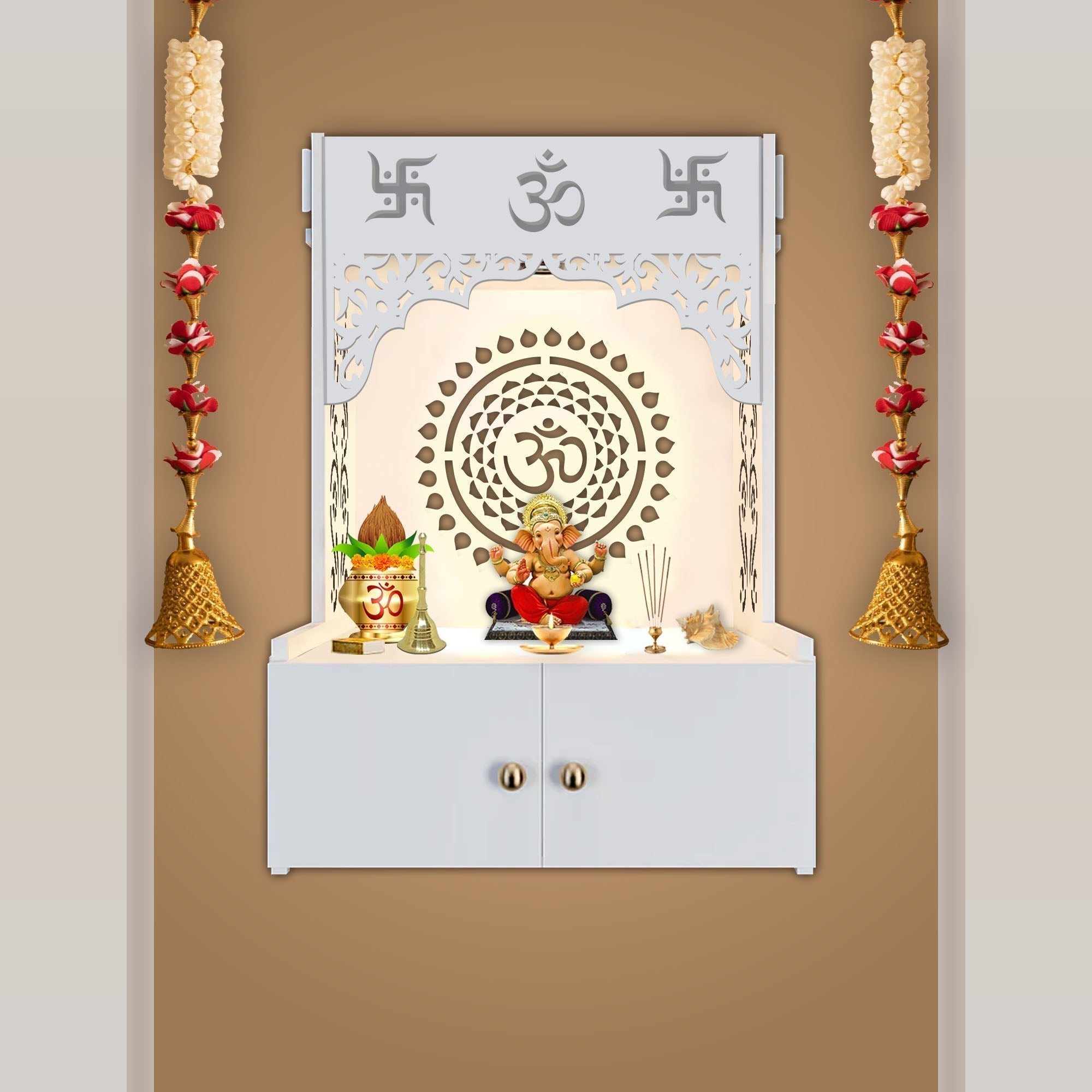 Designer Om Chakra White MDF Wood Temple with Inbuilt Focus Light & Spacious Shelf - Decor Smart