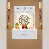 Designer Om Chakra White MDF Wood Temple with Inbuilt Focus Light & Spacious Shelf - Decor Smart