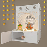 Designer Om Chakra White MDF Wood Temple with Inbuilt Focus Light & Spacious Shelf - Decor Smart