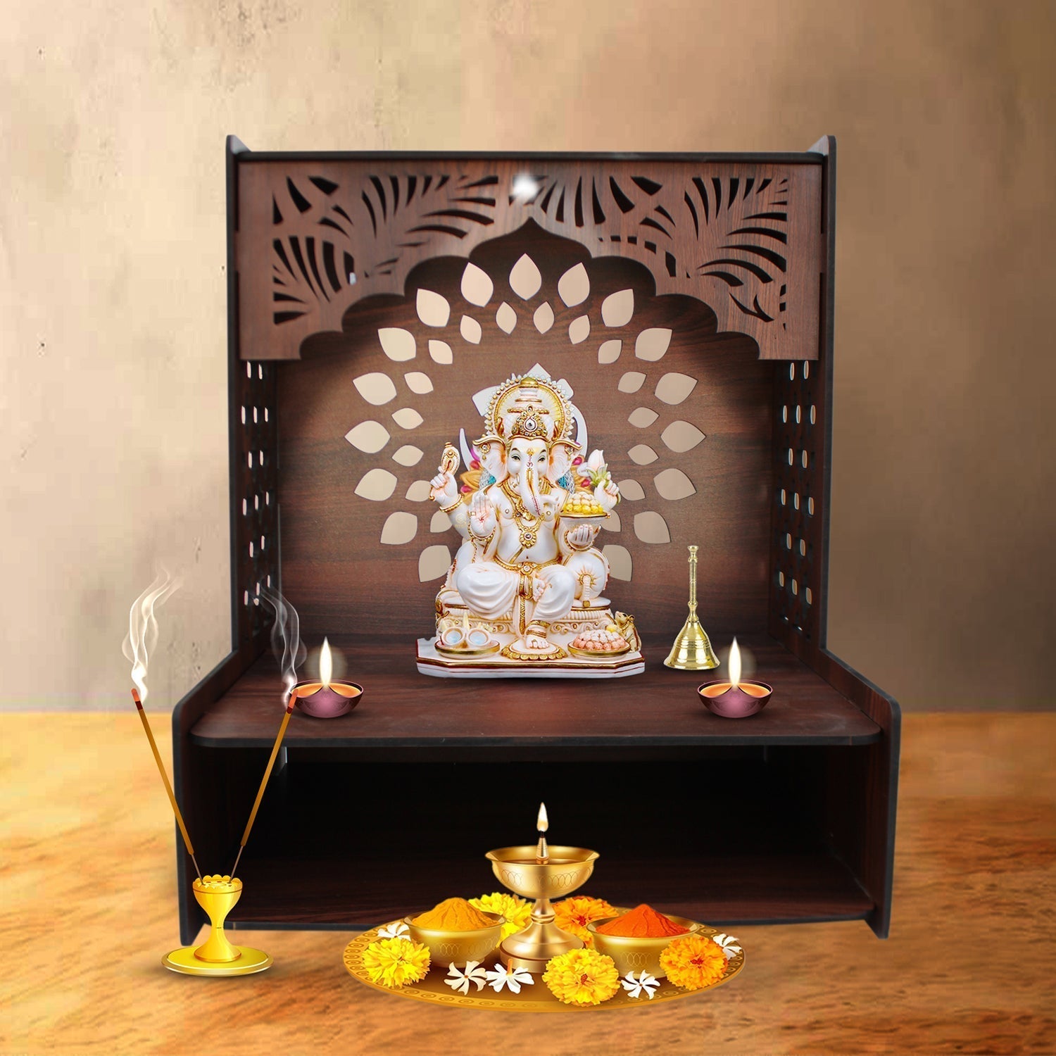 Designer Wooden Temple for Home with Spacious Shelf & Inbuilt Focus Lights - Decor Smart