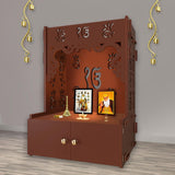 Ek - onkar Holy Symbol Floor Temple with Spacious Wooden Shelf & Inbuilt Focus Light - Brown Finish - Decor Smart