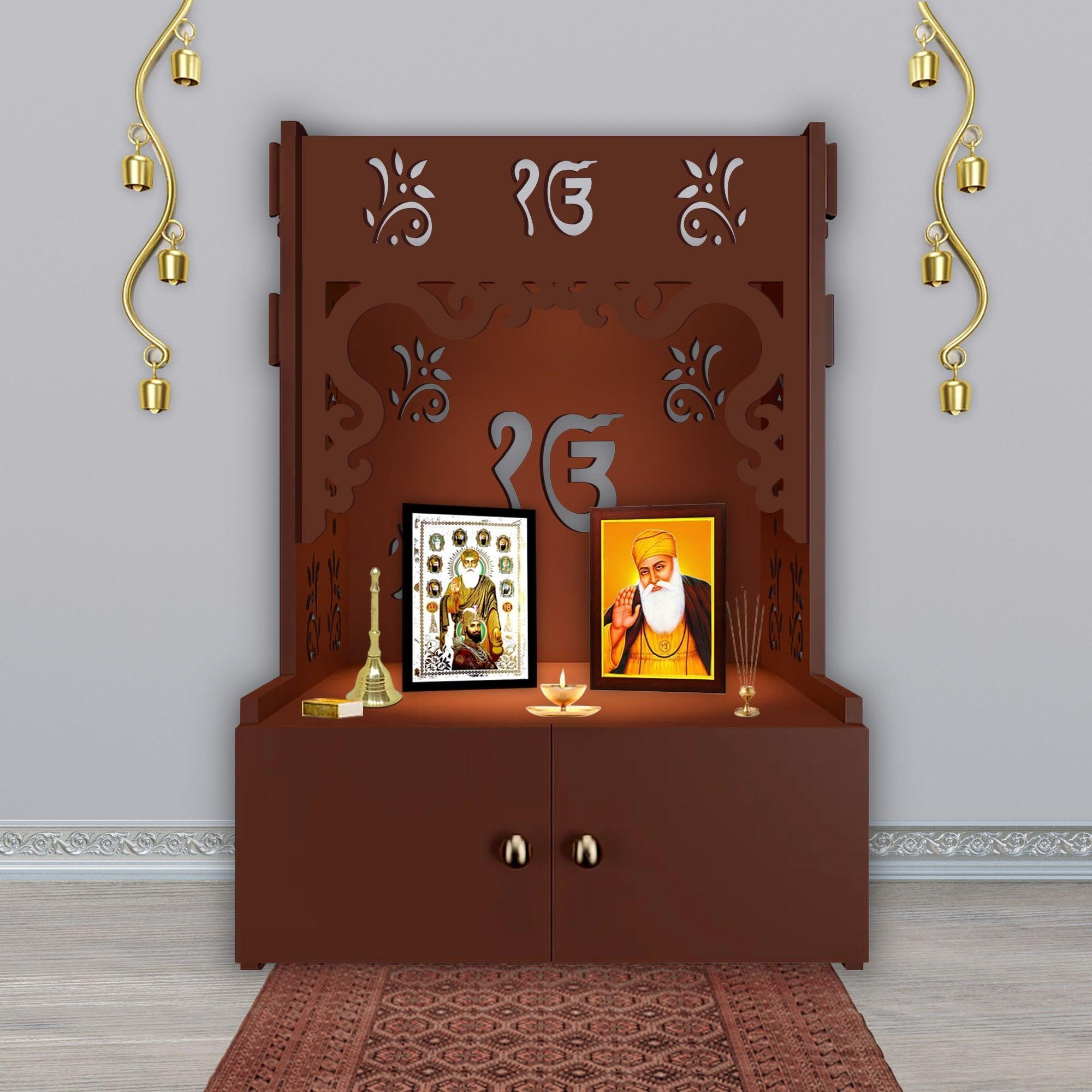 Ek - onkar Holy Symbol Floor Temple with Spacious Wooden Shelf & Inbuilt Focus Light - Brown Finish - Decor Smart