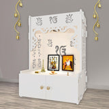 Ek - onkar Holy Symbol Floor Temple with Spacious Wooden Shelf & Inbuilt Focus Light - White Finish - Decor Smart