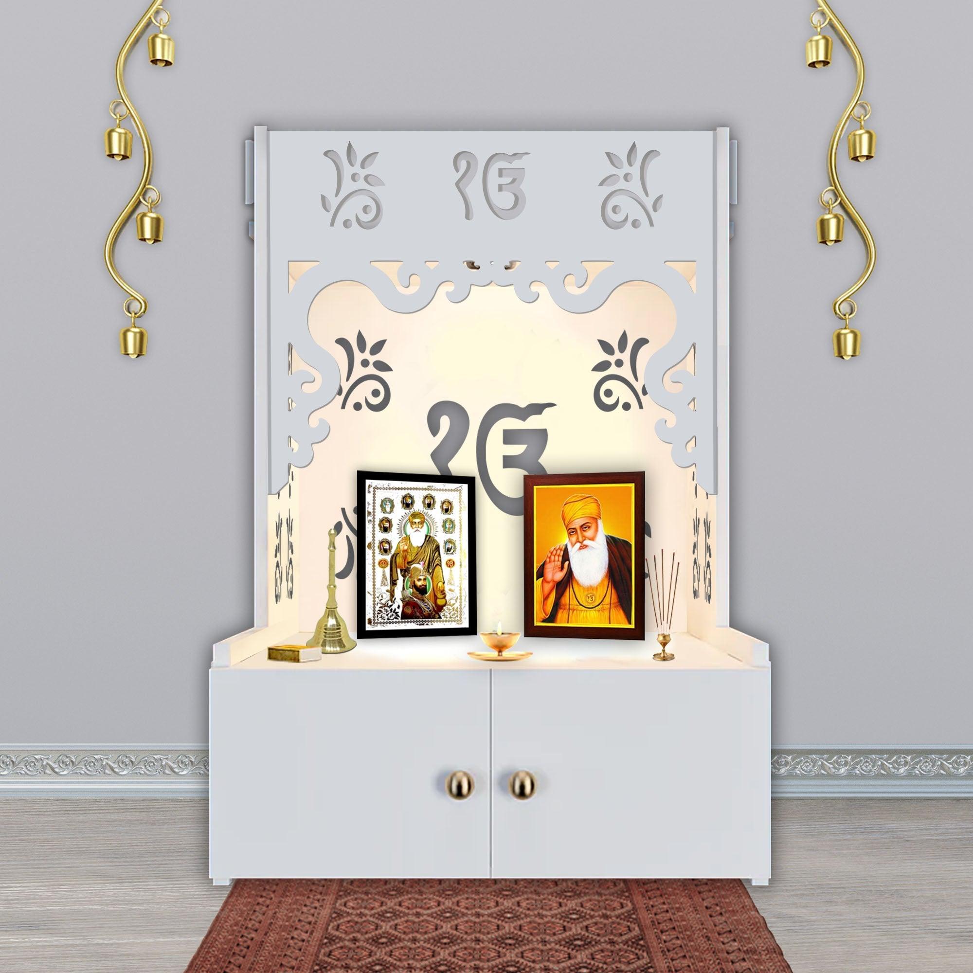 Ek - onkar Holy Symbol Floor Temple with Spacious Wooden Shelf & Inbuilt Focus Light - White Finish - Decor Smart