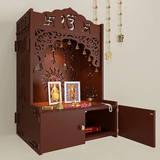 Ek - onkar Wall Temple with Inbuilt Focus Light & Spacious Wooden Shelf - Brown - Decor Smart