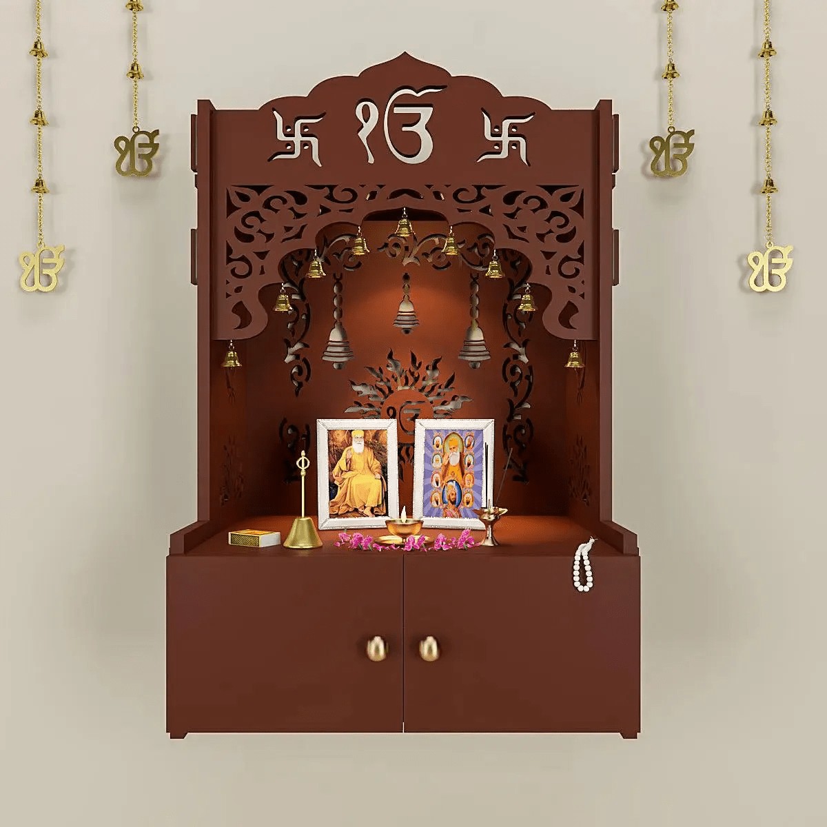Ek - onkar Wall Temple with Inbuilt Focus Light & Spacious Wooden Shelf - Brown - Decor Smart