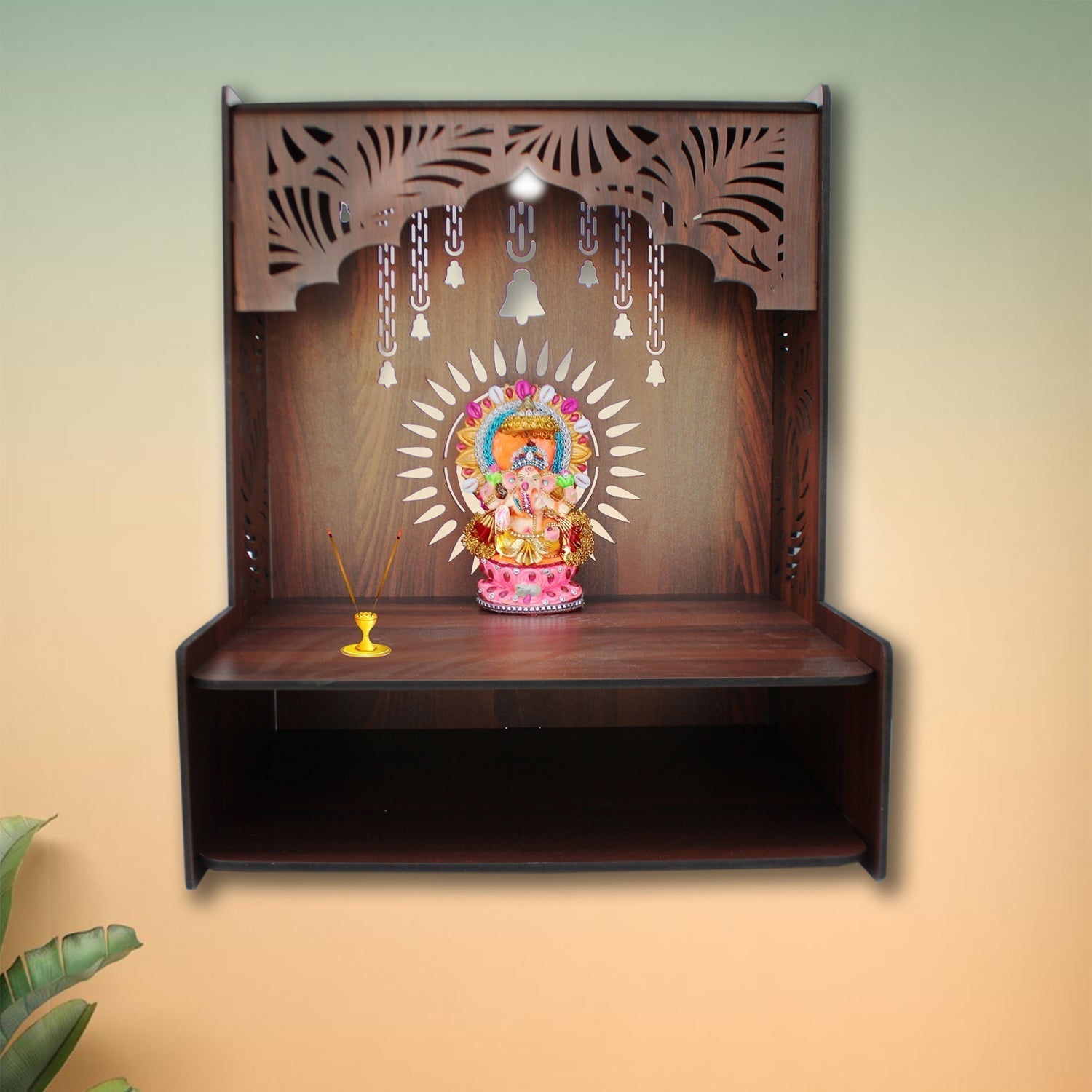 Essentials Wooden Temple for Home with Spacious Shelf & Inbuilt Focus Lights - Decor Smart
