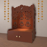 Floral Designer Pattern Floor Temple with Spacious Wooden Shelf & Inbuilt Focus Light - Brown Finish - Decor Smart