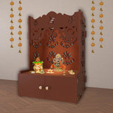 Floral Designer Pattern Floor Temple with Spacious Wooden Shelf & Inbuilt Focus Light - Brown Finish - Decor Smart